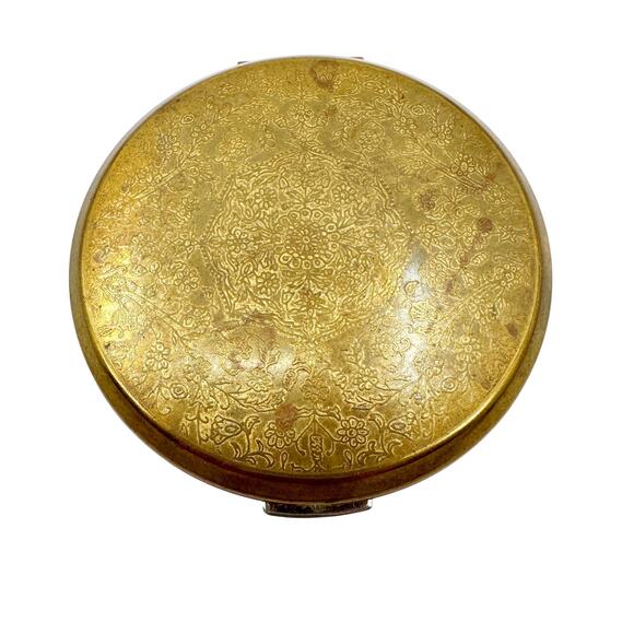 vintage gold tone metal Stratton floral Compact round makeup tray mirror England - Picture 1 of 5